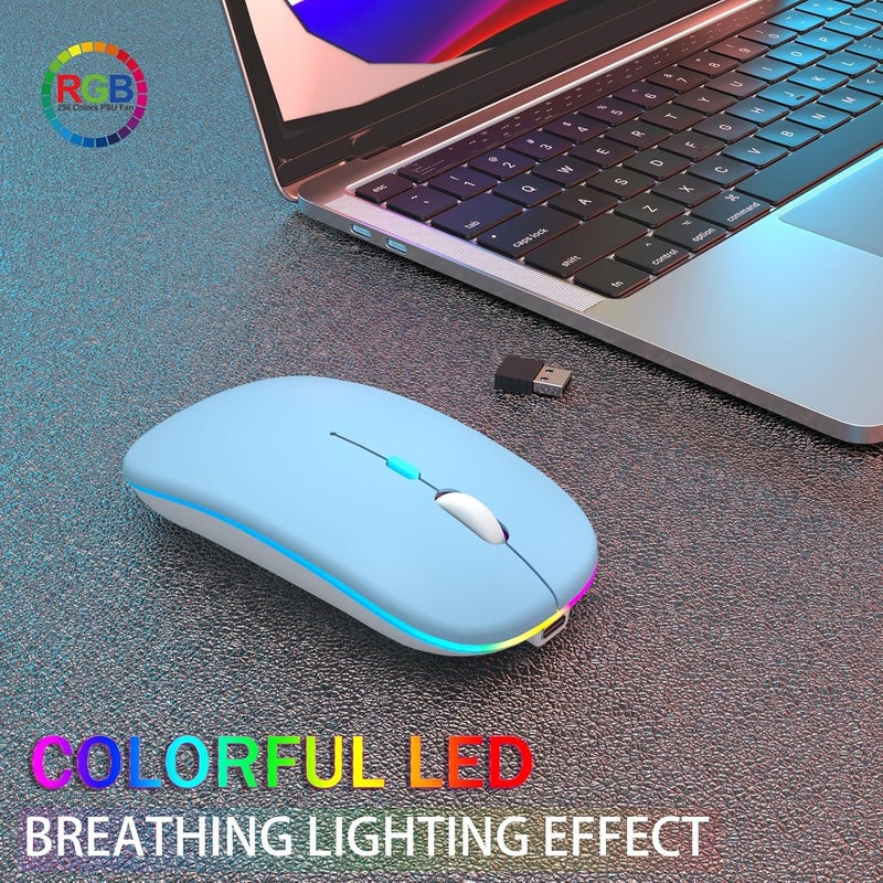 AOLIKOKO فأرة بلوتوث لاسلكية قابلة لإعادة الشحن للكمبيوتر المحمول مع إضاءة LED، استخدام محمول (BT5.2 و USB 2.4G) اتصال مزدوج، فأرة كمبيوتر صامتة ونحيفة للكمبيوتر المحمول / جهاز iPad اللوحي / Apple MacBook / PC (أزرق) - Image 2